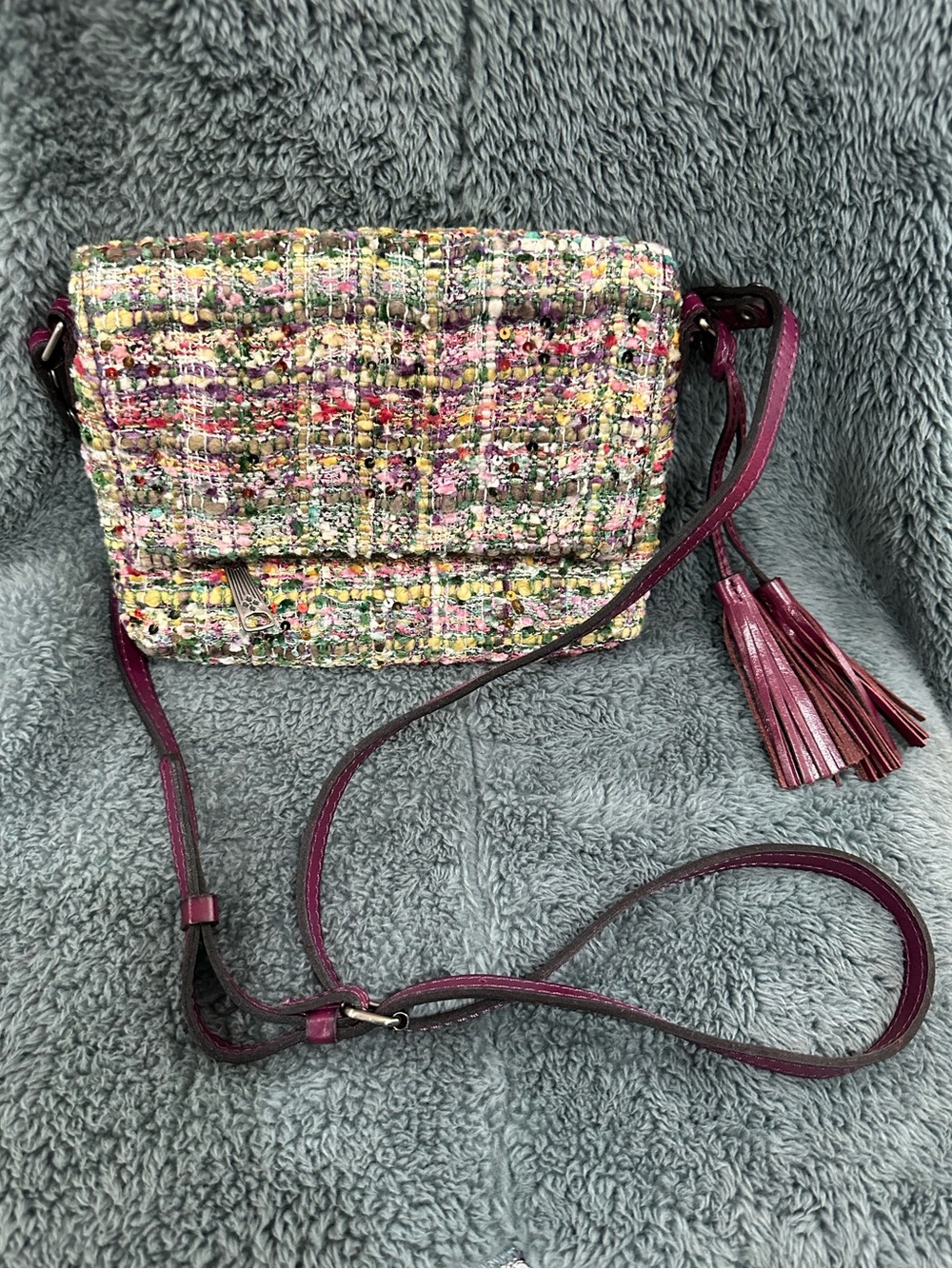 Pre-Loved Patricia Nash Multicolor Tweed Crossbody Bag with Berry Leather Strap